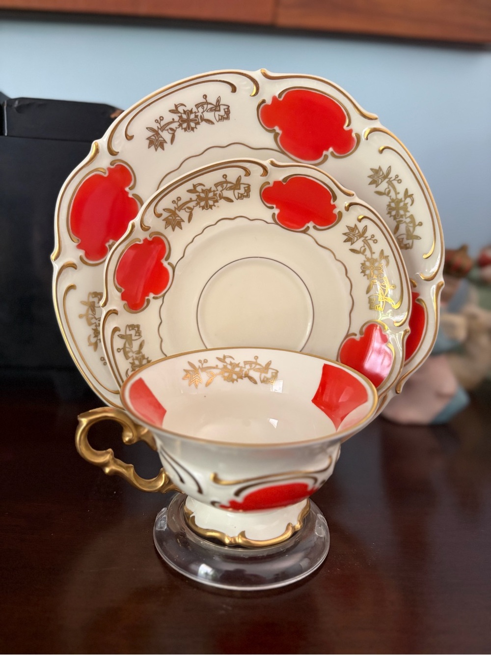 Vintage Cream and Red Floral Gold-Trim Teacup & Saucer Set